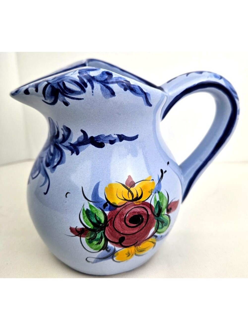 Blue Ceramic Pitcher Creamer Portugal Hand Painted Floral Cobalt 5" Cottagecore